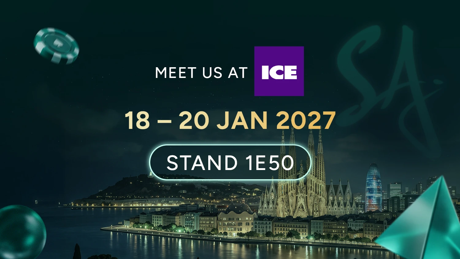 SA Gaming promotional banner inviting visitors to ICE Barcelona 2027 on 18–20 January 2027 at Stand 1E50, featuring the ICE logo, a dark green background and an illuminated Barcelona cityscape with the Sagrada Família.